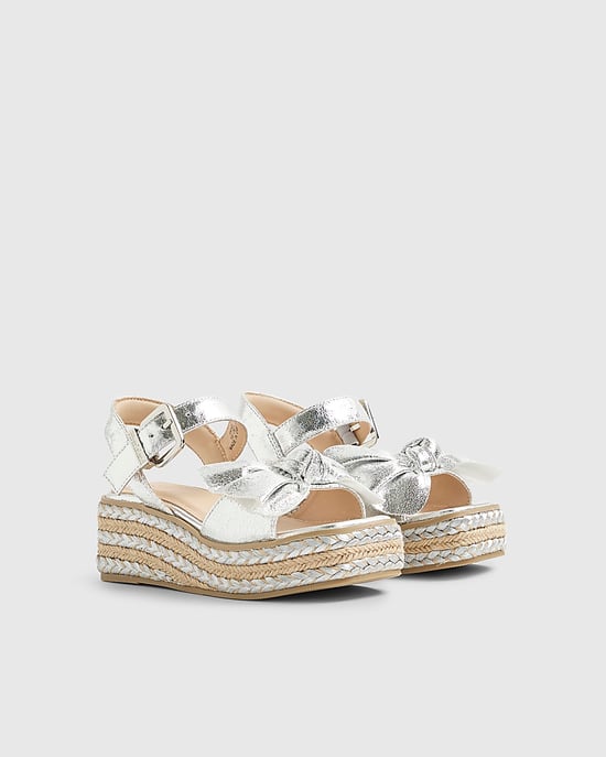 River Island Girls Sandals Silver Metallic Bow Wedge Buckle Shoes - Image 1
