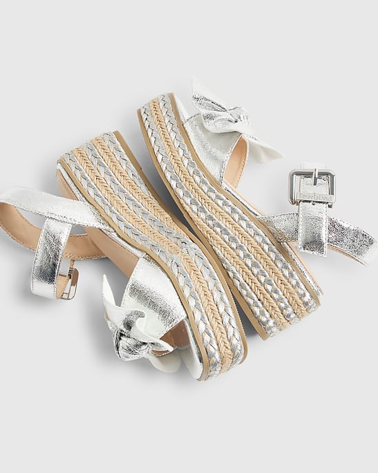 River Island Girls Sandals Silver Metallic Bow Wedge Buckle Shoes - Image 4