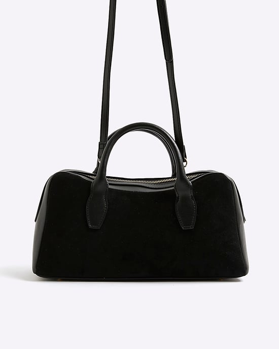 River Island Womens Bowler Bag Black Faux Suede Curved Top Zip - Image 1