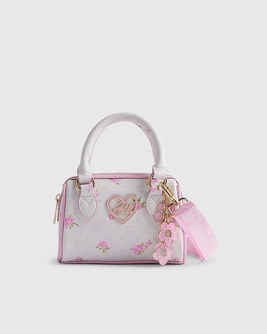 River Island Girls Bowler Bag White Ditsy Floral Mini Zipped - Image 1