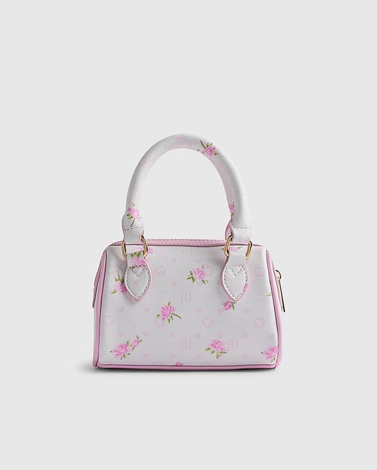 River Island Girls Bowler Bag White Ditsy Floral Mini Zipped - Image 2