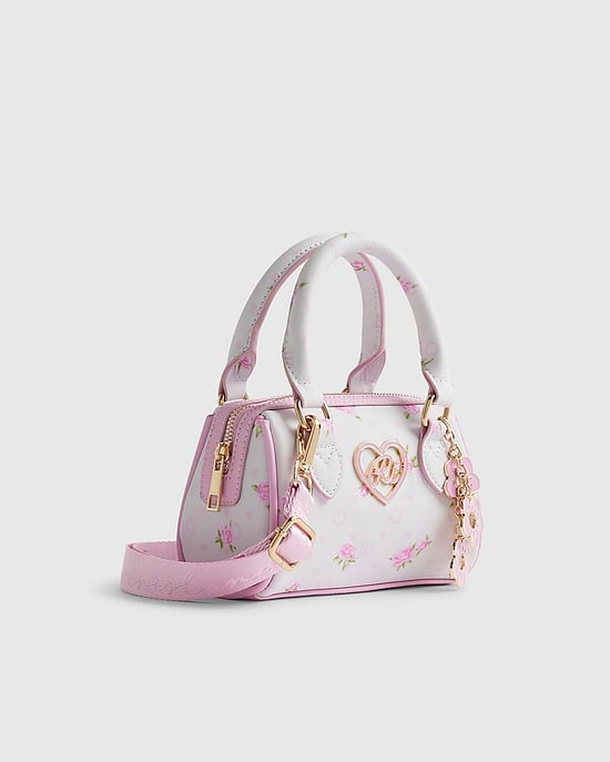 River Island Girls Bowler Bag White Ditsy Floral Mini Zipped - Image 5