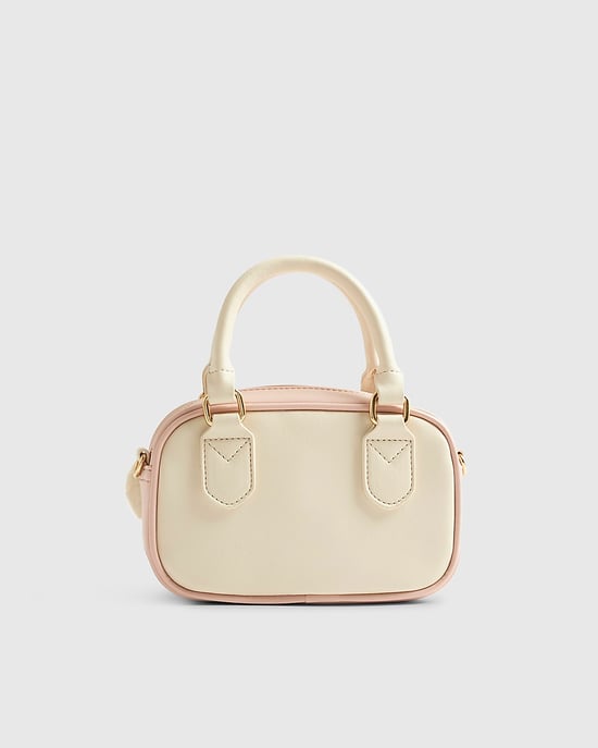 River Island Girls Bowler Bag Cream Monogram Charm Mini Zipped - Image 2