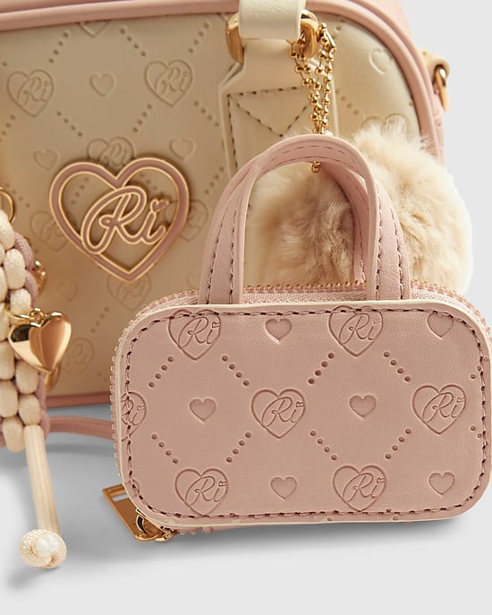 River Island Girls Bowler Bag Cream Monogram Charm Mini Zipped - Image 3