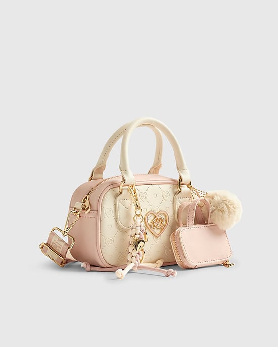 River Island Girls Bowler Bag Cream Monogram Charm Mini Zipped - Image 5