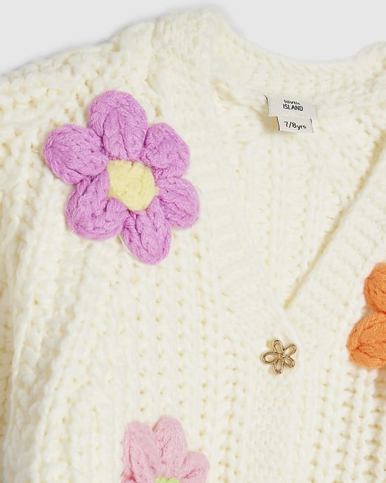 River Island Girls Cardigan Cream Knitted Flower Floral - Image 2