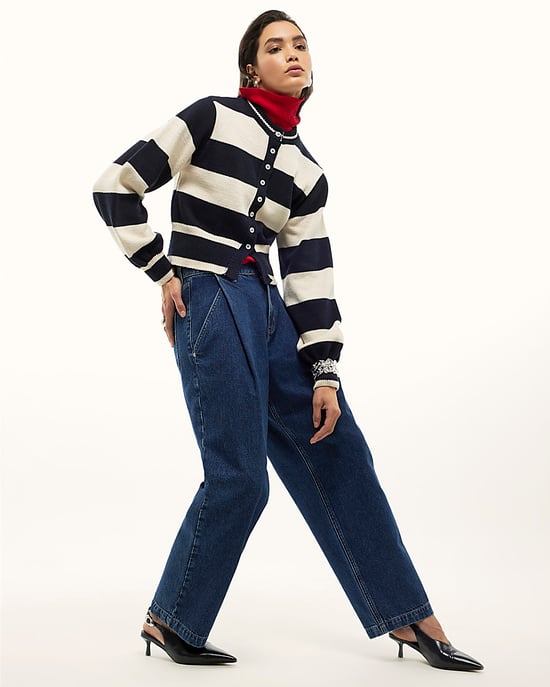 River Island Womens Cardigan Navy Striped Long Sleeve - Image 2