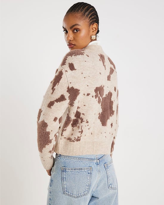 River Island Womens Cardigan Cream Knitted Cow Print Button - Image 4