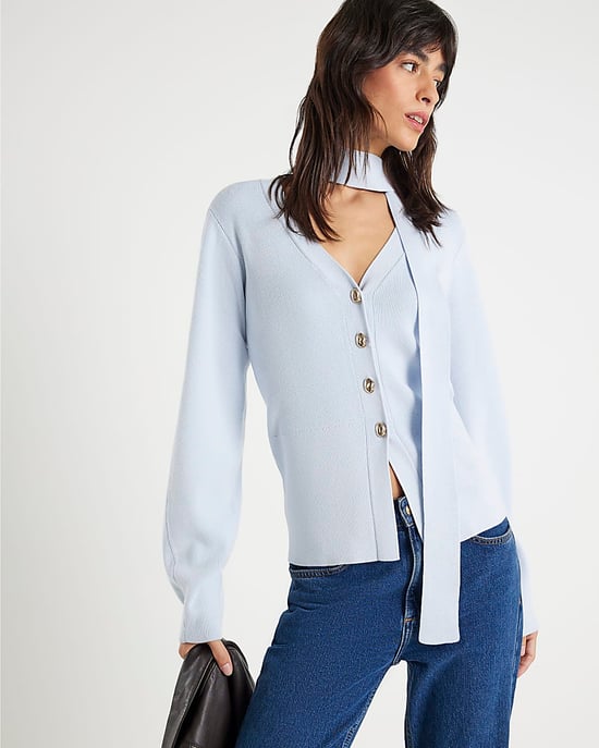 River Island Womens Cardigan Blue Knitted Tie Neck V-Neck - Image 1