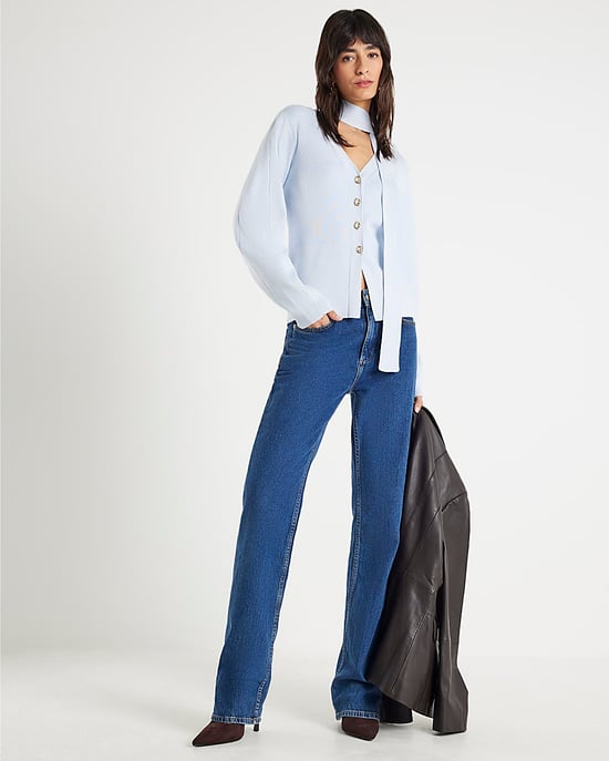 River Island Womens Cardigan Blue Knitted Tie Neck V-Neck - Image 2