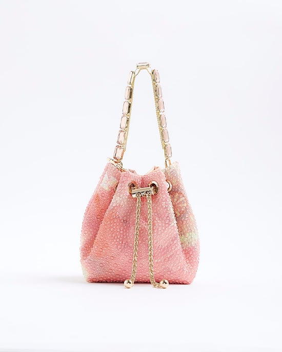 River Island Womens Bucket Bag Pink Floral Embellished Drawstring - Image 4