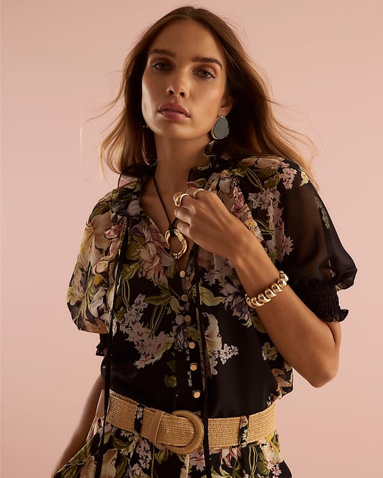 River Island Womens Blouse Black Short Sleeve Floral V-Neck - Image 2