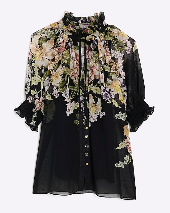 River Island Womens Blouse Black Short Sleeve Floral V-Neck - Image 6