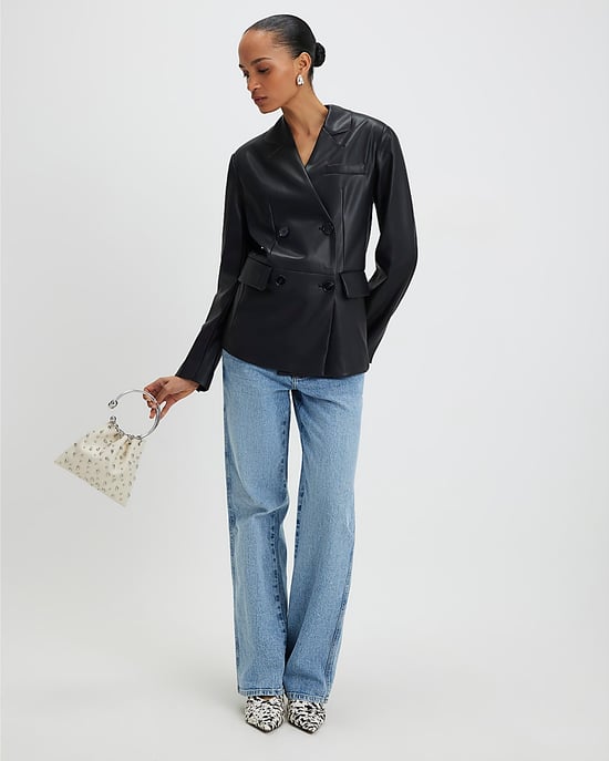 River Island Womens Blazer Black Faux Leather Collarless - Image 2