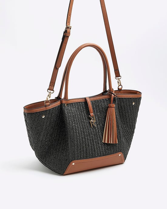 River Island Womens Tote Bag Black Raffia Large Popper - Image 3