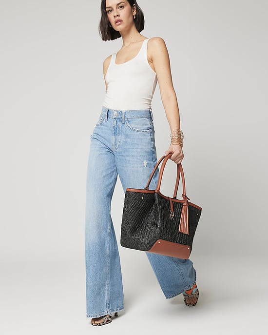 River Island Womens Tote Bag Black Raffia Large Popper - Image 4