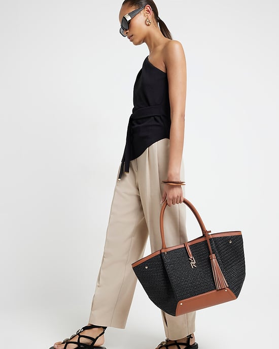 River Island Womens Tote Bag Black Raffia Large Popper - Image 5
