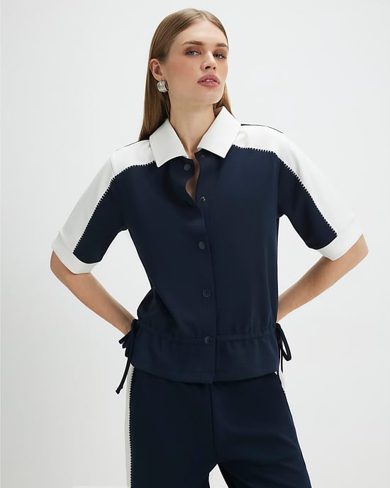 River Island Womens Polo Shirt Navy Short Sleeve Collared Button - Image 1