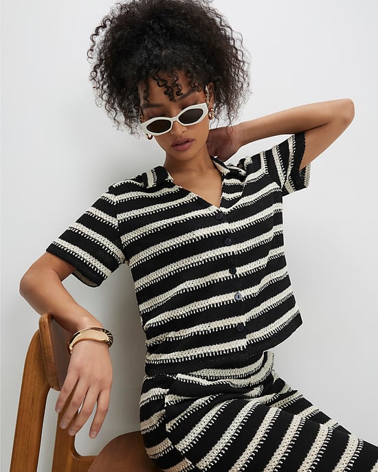 River Island Womens Shirt Black Short Sleeve Striped Crochet - Image 1