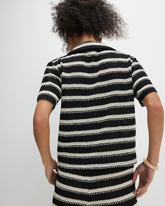 River Island Womens Shirt Black Short Sleeve Striped Crochet - Image 3