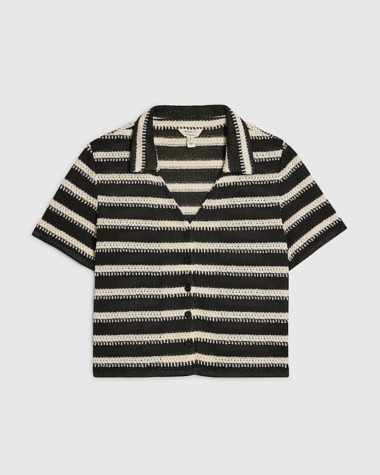 River Island Womens Shirt Black Short Sleeve Striped Crochet - Image 6