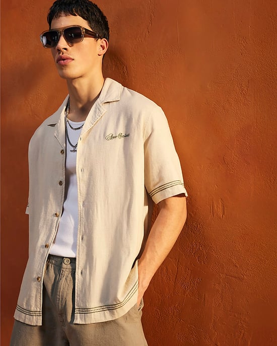River Island Mens Shirt Beige Regular Fit Linen Blend Floral - Image 1