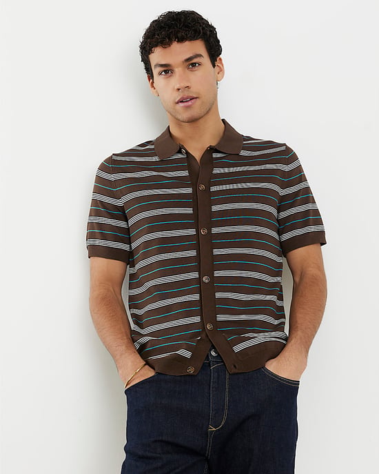 River Island Mens Shirt Brown Short Sleeve Knitted Stripe Striped - Image 1