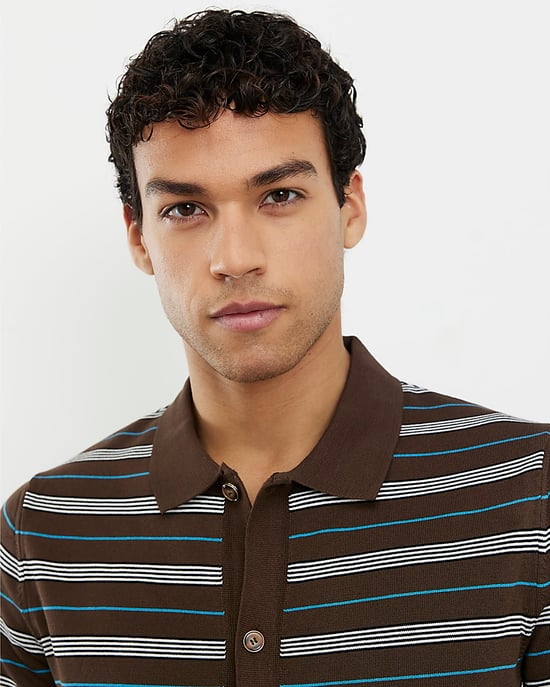 River Island Mens Shirt Brown Short Sleeve Knitted Stripe Striped - Image 2
