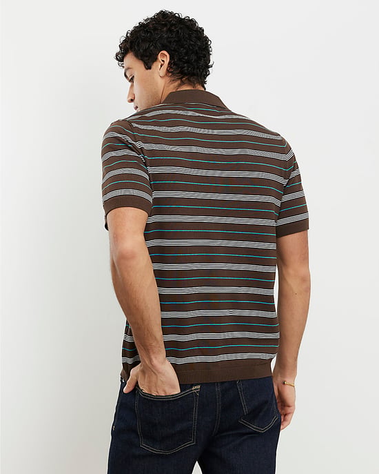 River Island Mens Shirt Brown Short Sleeve Knitted Stripe Striped - Image 3