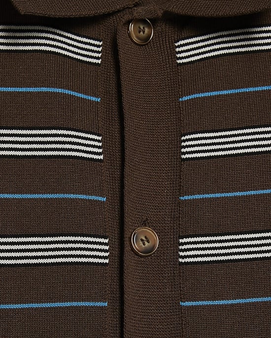 River Island Mens Shirt Brown Short Sleeve Knitted Stripe Striped - Image 5