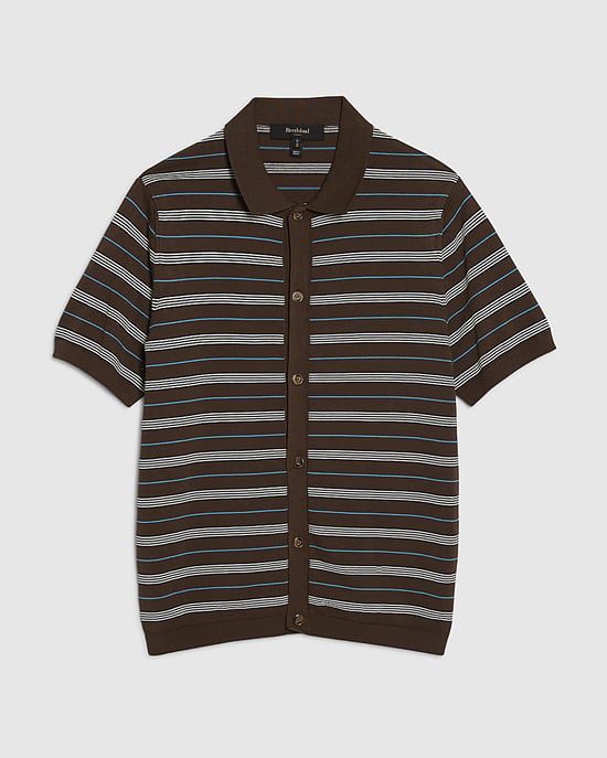 River Island Mens Shirt Brown Short Sleeve Knitted Stripe Striped - Image 6