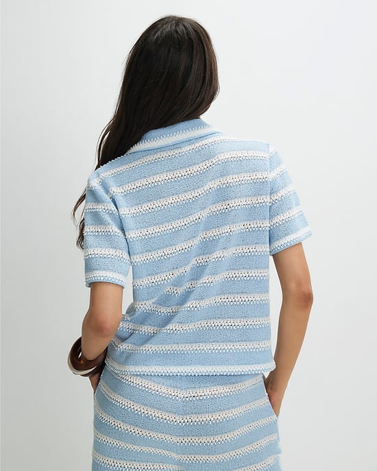 River Island Womens Shirt Blue Short Sleeve Striped Crochet - Image 3