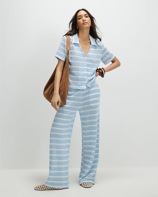 River Island Womens Shirt Blue Short Sleeve Striped Crochet - Image 4