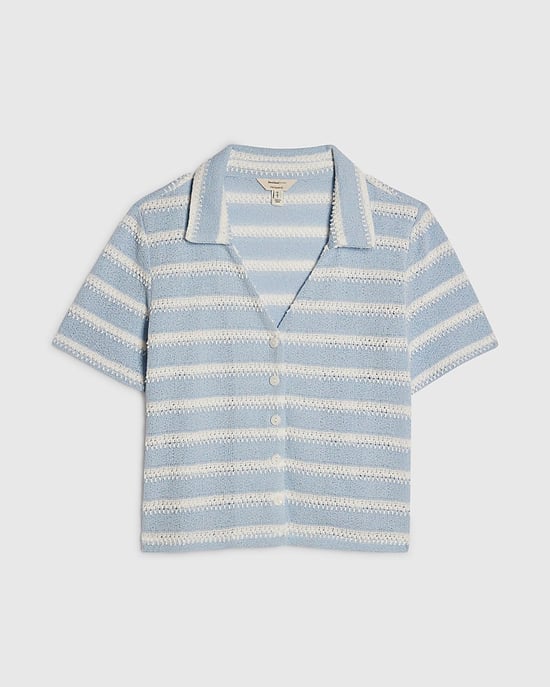 River Island Womens Shirt Blue Short Sleeve Striped Crochet - Image 6
