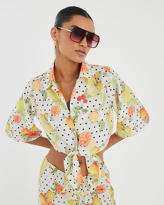 River Island Womens Shirt White Fruit Polka Dot Print Beach Button - Image 1