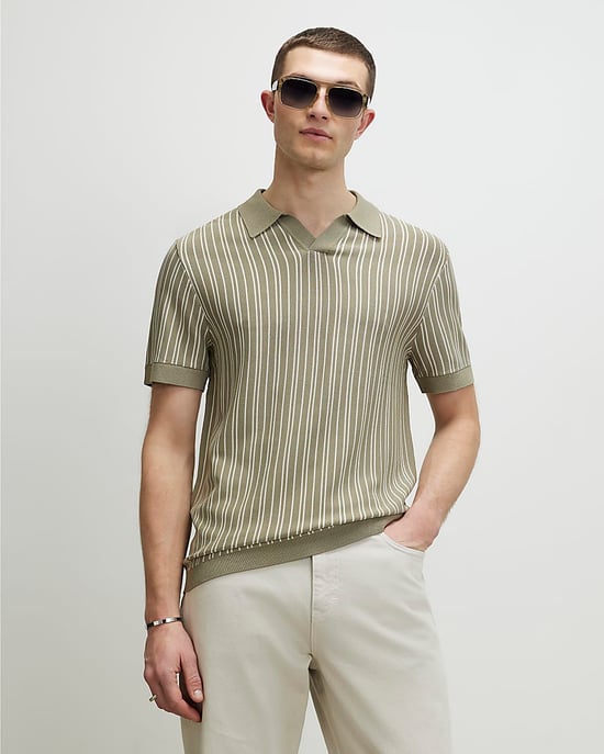 River Island Mens Shirt Green Pinstripe Open Collar Knit - Image 1