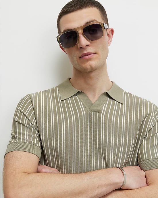 River Island Mens Shirt Green Pinstripe Open Collar Knit - Image 2