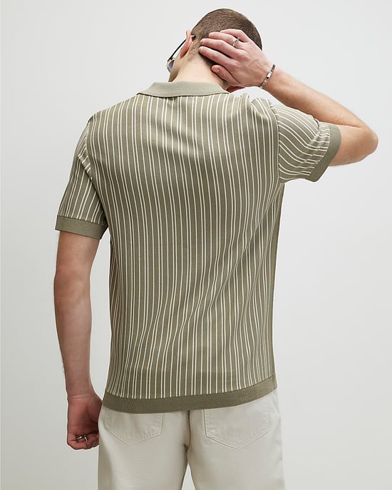 River Island Mens Shirt Green Pinstripe Open Collar Knit - Image 4