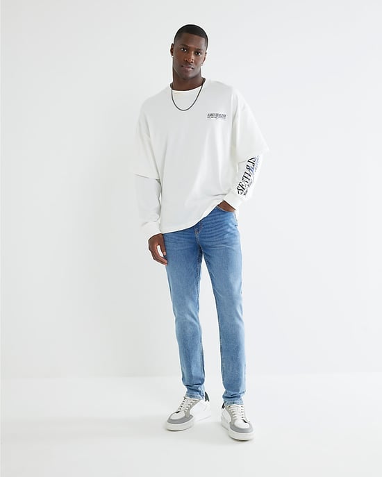 River Island Mens Skinny Jeans Blue Fit Button Denim - Image 2