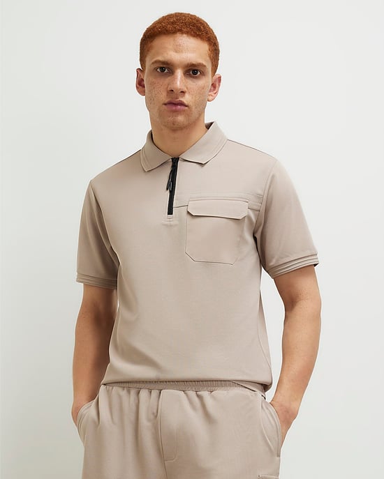 River Island Mens Polo Shirt Cream Slim Fit Nylon Pocket Collared - Image 1