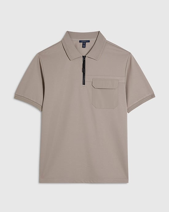 River Island Mens Polo Shirt Cream Slim Fit Nylon Pocket Collared - Image 6