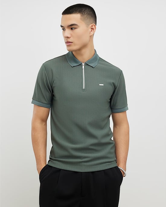 River Island Mens Polo Shirt Khaki Muscle Fit Textured Zip Zipped - Image 1