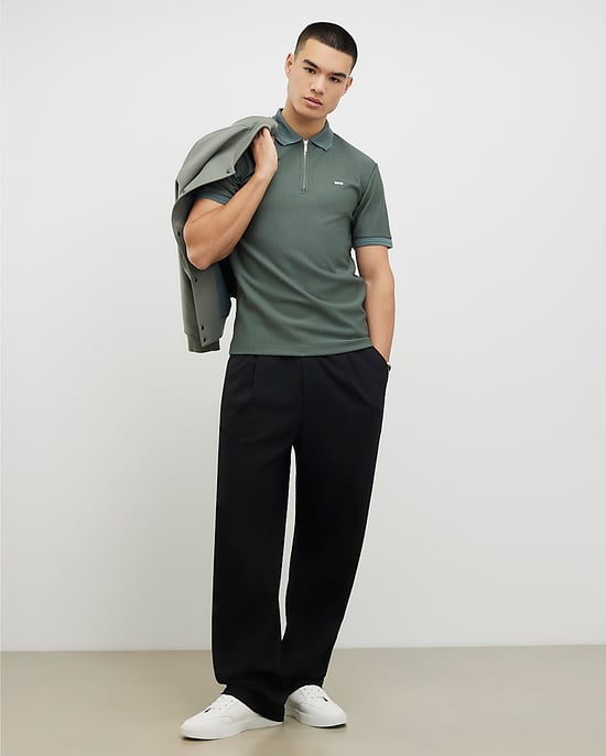 River Island Mens Polo Shirt Khaki Muscle Fit Textured Zip Zipped - Image 2