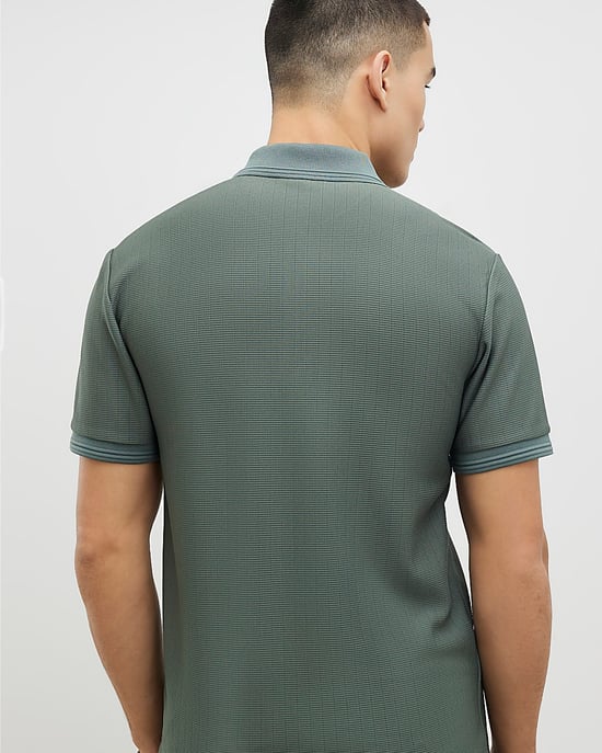 River Island Mens Polo Shirt Khaki Muscle Fit Textured Zip Zipped - Image 3