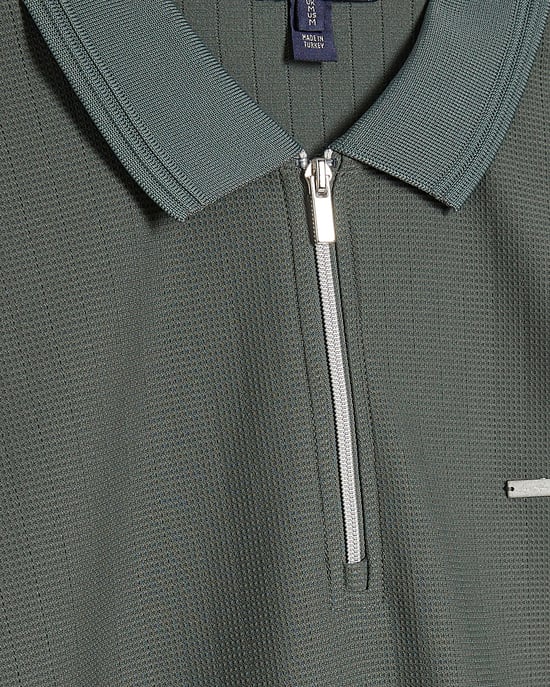 River Island Mens Polo Shirt Khaki Muscle Fit Textured Zip Zipped - Image 5