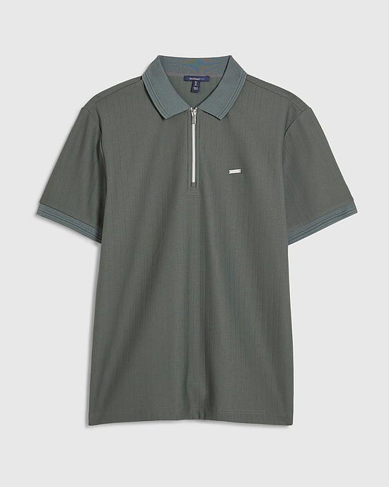 River Island Mens Polo Shirt Khaki Muscle Fit Textured Zip Zipped - Image 6