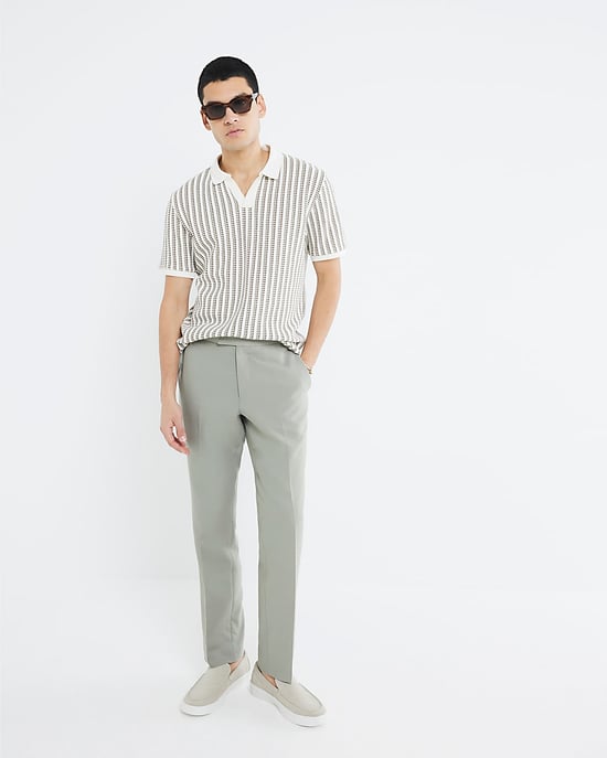 River Island Mens Polo Shirt Cream Regular Fit Stripe Crochet - Image 1
