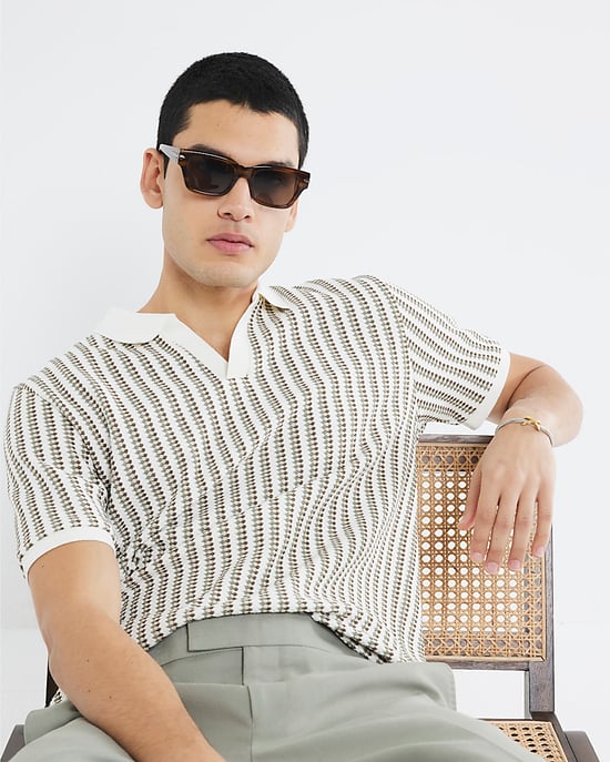 River Island Mens Polo Shirt Cream Regular Fit Stripe Crochet - Image 2