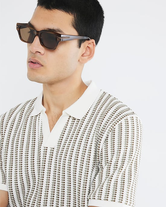 River Island Mens Polo Shirt Cream Regular Fit Stripe Crochet - Image 3