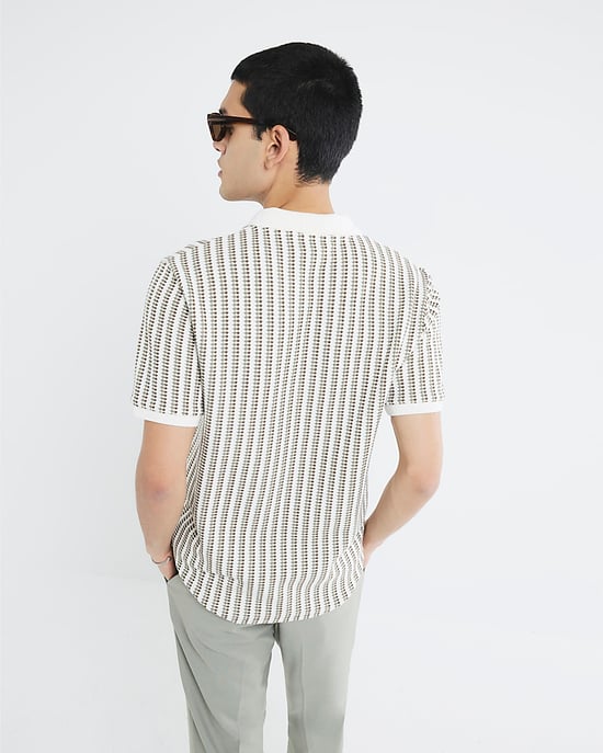 River Island Mens Polo Shirt Cream Regular Fit Stripe Crochet - Image 4